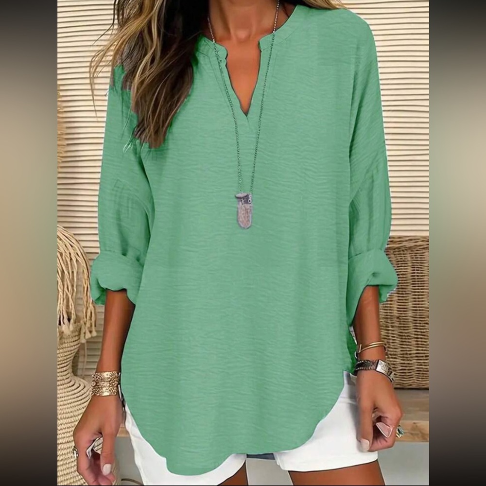 Plus size mint green notched neck blouse